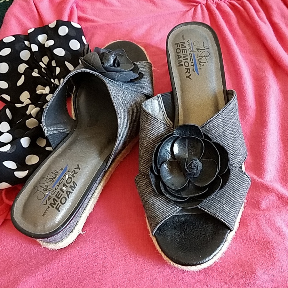 Black chambray wedges